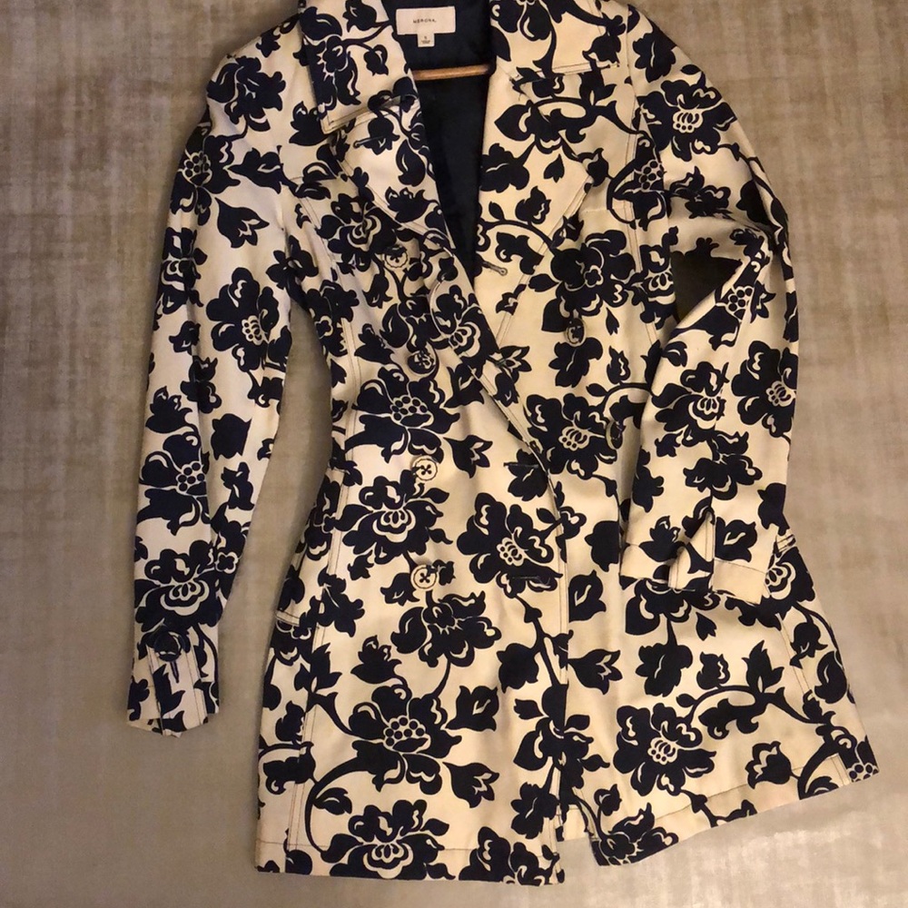 Tan & Navy Blue floral trench coat.